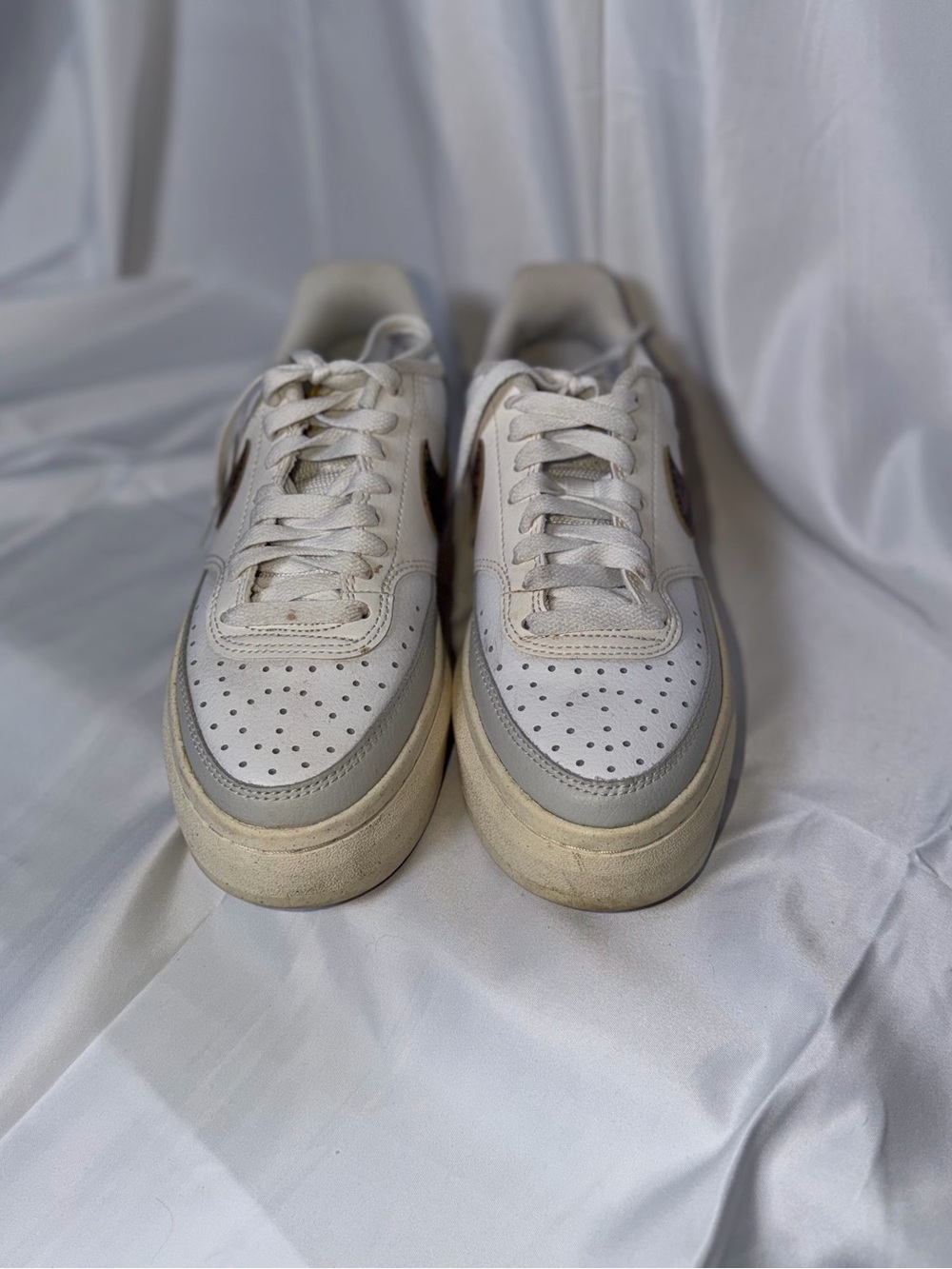 Nike White Leather Sneakers with Brown Patterned Swoosh - Picture 2 of 5